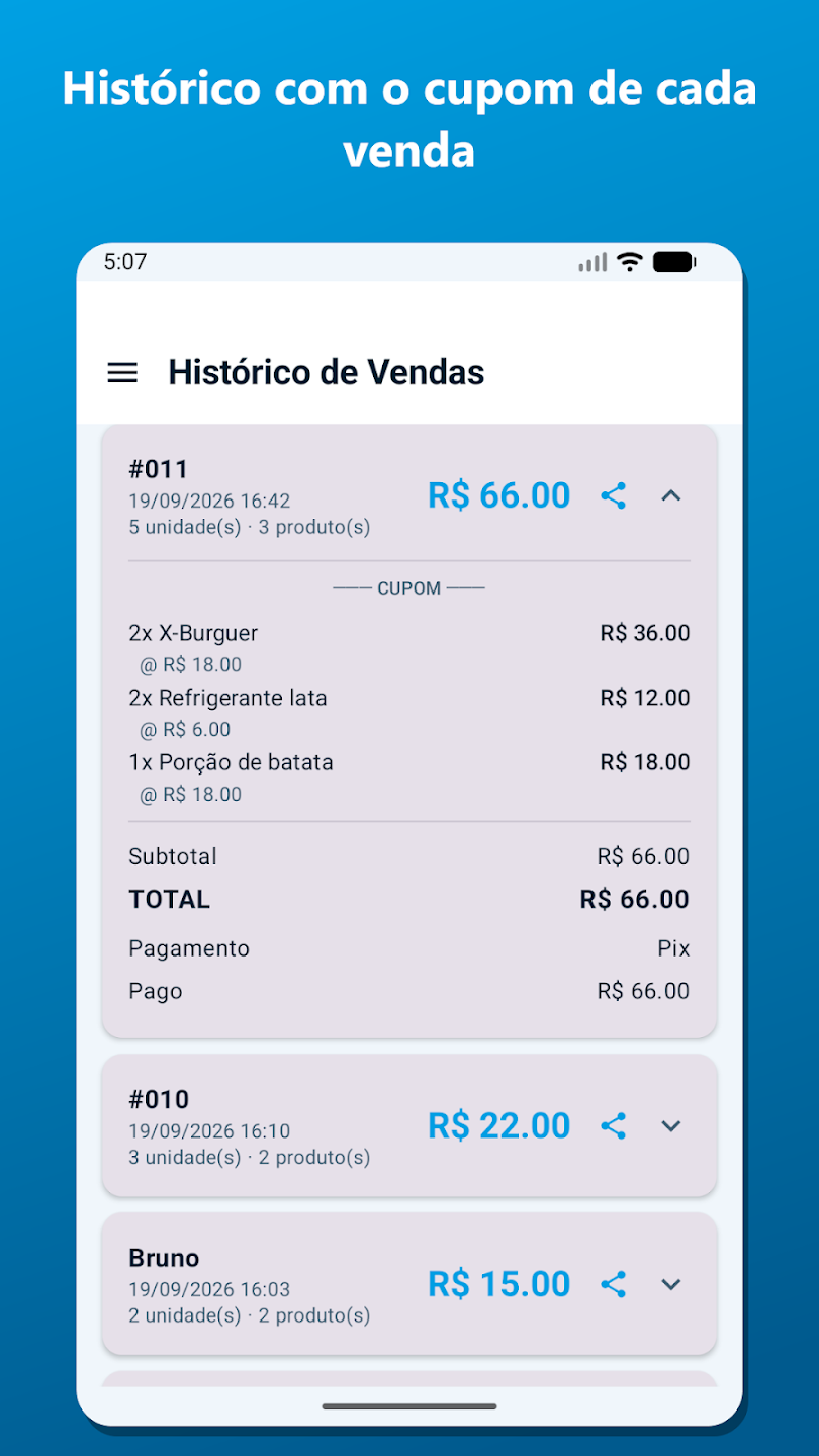Histórico com o cupom de cada venda