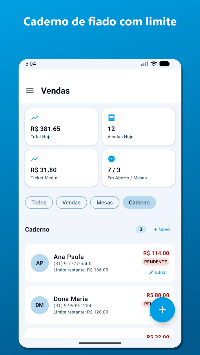 Caderno de fiado com limite por cliente